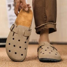 (Conjunto para pareja) Sandalias clásicas de punta cerrada, pantuflas de playa de para hombre, zapatos mullidos tipo mula de suela blanda con cierre deslizante