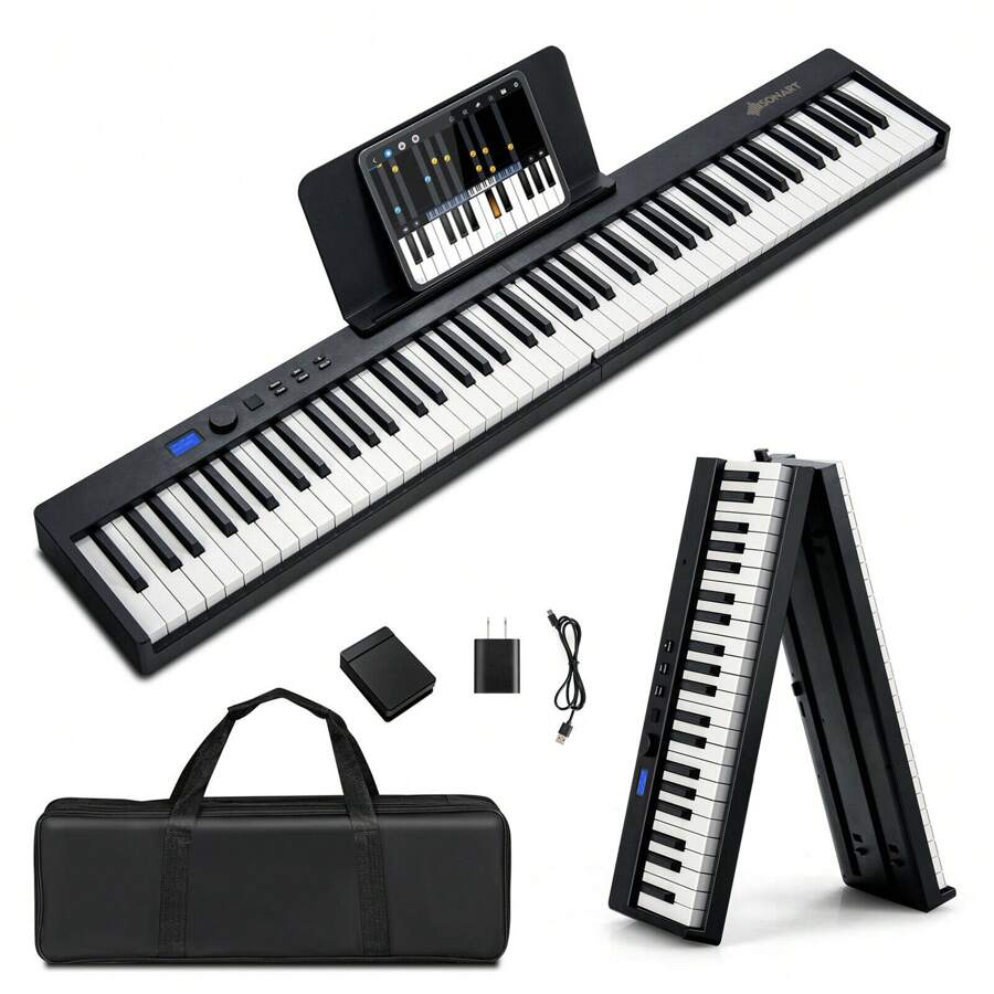 88-Key Folding Electric Piano Keyboard Semi Weighted Full Size MIDI Black - View 1