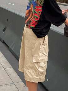 Y2K Street Elastic Drop Wasit Flap Pocket Wide Leg Loose Fit Chic Casual Bermuda Knee Length Cargo Shorts - Khaki - View 3
