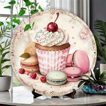 7.8 Inch Round Metal Plate With Charming Strawberry Cake And Macaron Wall Art, Suitable For Bar, Cafe, Club Decor, Hole Positions As Shown In Size Chart - Multicolor - View 9