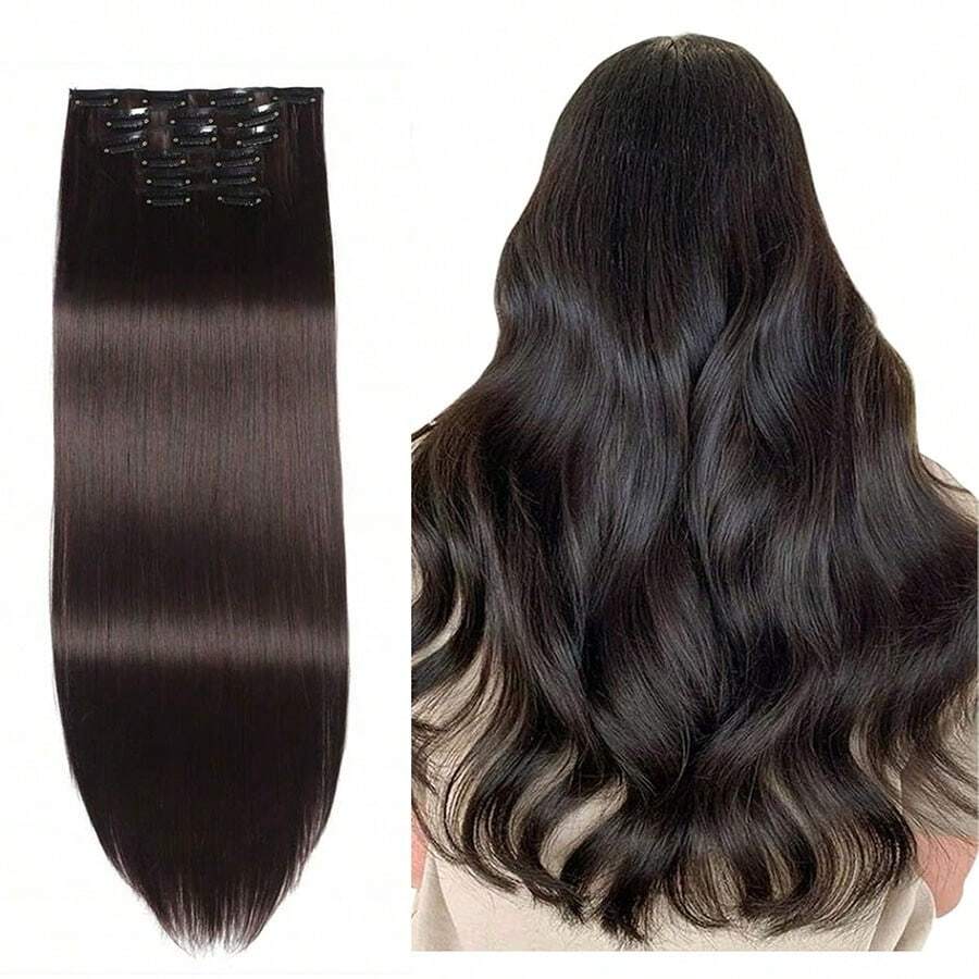 8 件装夹式接发真人发夹式接发深棕色接发假发片女士自然光泽 - S2 - 查看 1