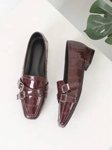 Women's Flat Shoes, Square Toe, Patent Leather Crocodile Print, Metal Buckle, Shallow, Vintage Wine Red, Casual Fashionable Versatile Date Shoes, Autumn - Burgundy - View 3