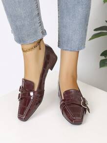 Women's Flat Shoes, Square Toe, Patent Leather Crocodile Print, Metal Buckle, Shallow, Vintage Wine Red, Casual Fashionable Versatile Date Shoes, Autumn - Burgundy - View 6