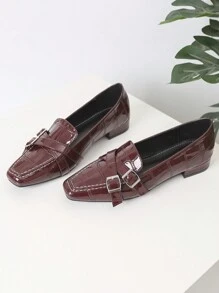 Women's Flat Shoes, Square Toe, Patent Leather Crocodile Print, Metal Buckle, Shallow, Vintage Wine Red, Casual Fashionable Versatile Date Shoes, Autumn - Burgundy - View 2