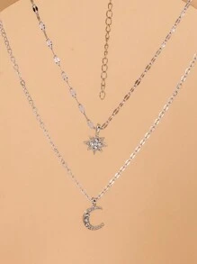 1pc Minimalist Elegant Sweet Cute Rhinestone Star & Moon Double Layer Necklace, Suitable For Women, Wedding, Daily Wear, Holiday - Silver - View 3