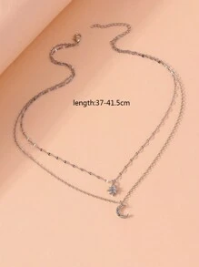 1pc Minimalist Elegant Sweet Cute Rhinestone Star & Moon Double Layer Necklace, Suitable For Women, Wedding, Daily Wear, Holiday - Silver - View 5
