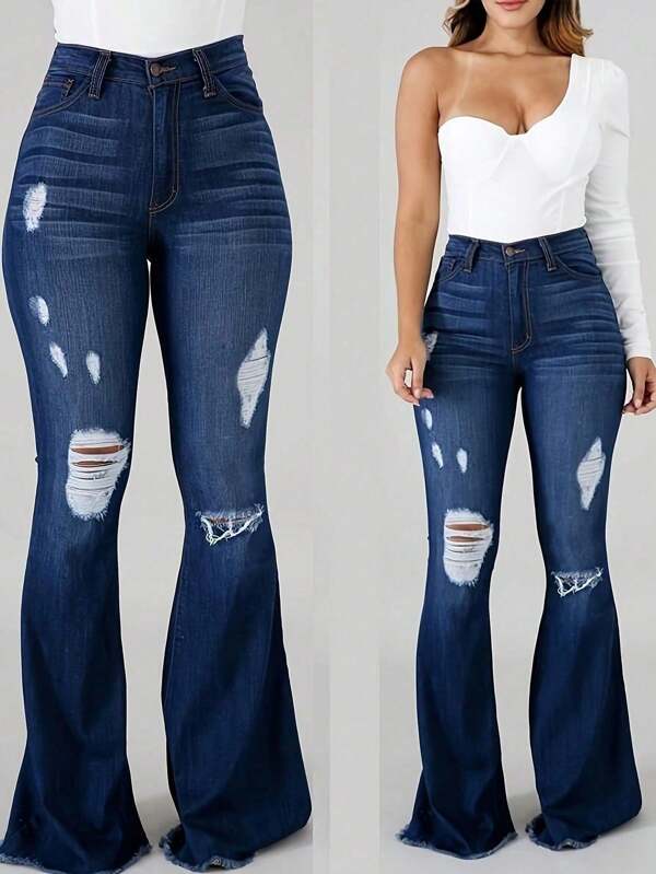 Chicsale Women's High Waisted Ripped Flared Jeans With Frayed Hem And Whiskering Distress Stylish Denim Pants For Fashionable Women Casual Wear Perfect For Everyday Outfits