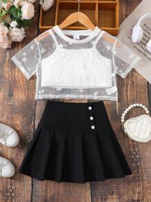 3pcs/Set Fashion Casual Outfit For Girls Aged 8-12, Including Star Pattern Mesh Jacket, Camisole Vest, And Pleated Skirt