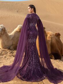 Faeriesty Luxury Square Collar Extra-Long Sleeves Graphic Beaded Formal Party Dress Wedding Elegant - Purple - View 3