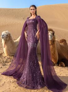 Faeriesty Luxury Square Collar Extra-Long Sleeves Graphic Beaded Formal Party Dress Wedding Elegant - Purple - View 8
