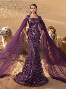 Faeriesty Luxury Square Collar Extra-Long Sleeves Graphic Beaded Formal Party Dress Wedding Elegant - Purple - View 6
