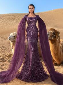 Faeriesty Luxury Square Collar Extra-Long Sleeves Graphic Beaded Formal Party Dress Wedding Elegant - Purple - View 4