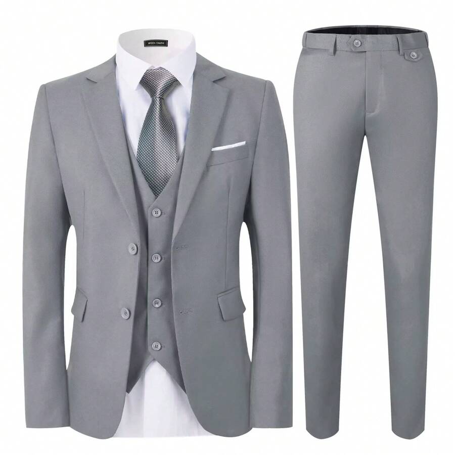WEEN CHARM Men's Suits Slim Fit,3 Piece Suit For Men,2 Button Blazer Jacket Vest Pants With Tie,Men Tuxedo Suit Set - 淺灰色 - 查看 1