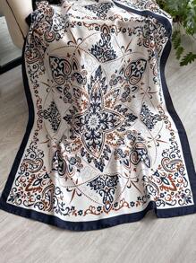 1pc Paisley Printed Faux Silk Scarf For Women, Versatile Shawl/Wrap, Fashionable Daily Accessory - Blue and White - View 3