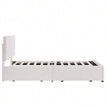 Cama tapizada 90x200 cm, cama individual, cama con dos cajones, cama juvenil plana, cama de invitados, tela de terciopelo, beige - Beis - Ver 7