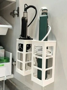 简易壁挂式收纳架，1 个卷发器收纳架，吹风机支架，美发工具收纳架，可调节高度壁挂式/柜门浴室收纳架，用于吹风机、熨斗、卷发器和直发器 - 白色 - 查看 1