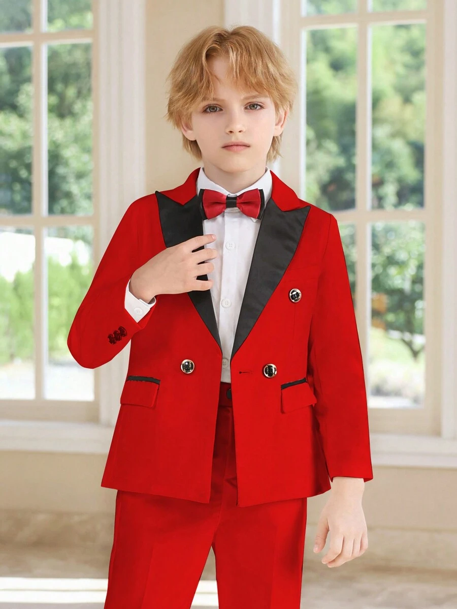 Set costum 3 bucăți pentru băieți: jachetă + pantaloni + papion roșu, potrivit pentru spectacole pe scenă, ținute de nuntă, rochie formală de petrecere pentru copii - roșu - Vizualizare 1