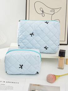 1 Pieza Conjunto de bolsa de maquillaje acolchada con moño, bolsa de cosméticos portátil grande y linda de gran capacidad, organizador de artículos de tocador para viajes, bolsa de maquillaje esponjosa de mano, estuche para productos de cuidado de la piel, esencial para cruceros, necesario para dormitorios, regalo para dama de honor de boda, regalo para mamá, regalo de cumpleaños, regalo para amigos, regalo para maestros, decoración del hogar