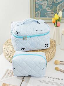 1 Pieza Conjunto de bolsa de maquillaje acolchada con moño, bolsa de cosméticos portátil grande y linda de gran capacidad, organizador de artículos de tocador para viajes, bolsa de maquillaje esponjosa de mano, estuche para productos de cuidado de la piel, esencial para cruceros, necesario para dormitorios, regalo para dama de honor de boda, regalo para mamá, regalo de cumpleaños, regalo para amigos, regalo para maestros, decoración del hogar
