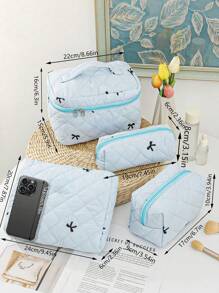 1 Pieza Conjunto de bolsa de maquillaje acolchada con moño, bolsa de cosméticos portátil grande y linda de gran capacidad, organizador de artículos de tocador para viajes, bolsa de maquillaje esponjosa de mano, estuche para productos de cuidado de la piel, esencial para cruceros, necesario para dormitorios, regalo para dama de honor de boda, regalo para mamá, regalo de cumpleaños, regalo para amigos, regalo para maestros, decoración del hogar