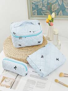1 Pieza Conjunto de bolsa de maquillaje acolchada con moño, bolsa de cosméticos portátil grande y linda de gran capacidad, organizador de artículos de tocador para viajes, bolsa de maquillaje esponjosa de mano, estuche para productos de cuidado de la piel, esencial para cruceros, necesario para dormitorios, regalo para dama de honor de boda, regalo para mamá, regalo de cumpleaños, regalo para amigos, regalo para maestros, decoración del hogar