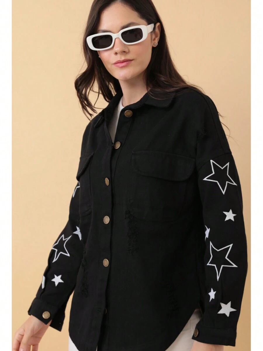 Asist, Women Long Sleeve, Embroidery Details, Snap Button, Front Placket, Collar Neck Details, Flap Pocket - Black - View 1