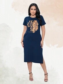 Women's Fashion Evangelical Long Dress With Elastane Lion Of Judah Midi With Slit With Pocket Christian - 藍色 - 查看 1