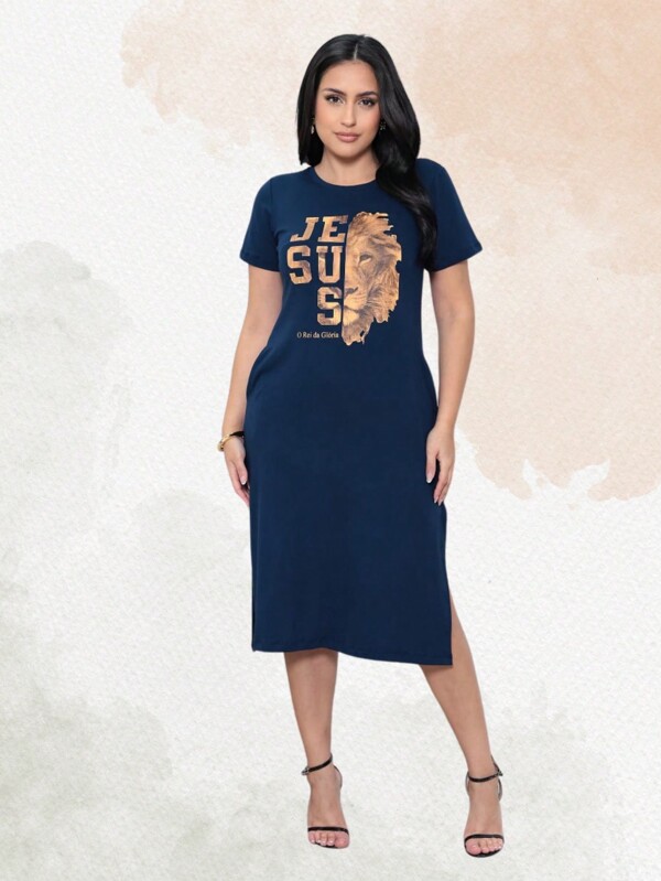 Vestido Shein Feminino Moda Evangélica Longo Com Elastano Leão de Judá Midi Com Fenda Com Bolso Cristã