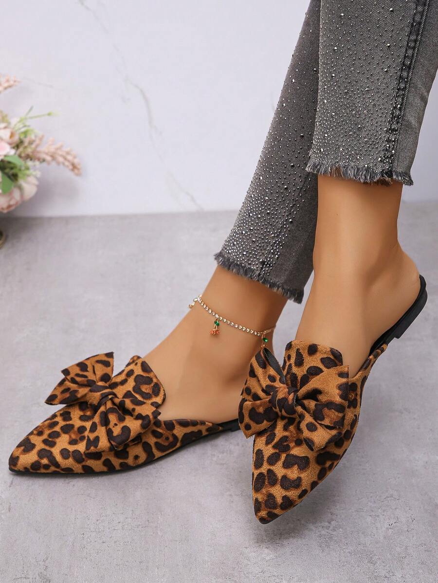 Wholesale Plus Size 35-45 Fashion Bowknot Leopard Print Pointed Toe Slip-On Flat Shoes For Spring, Summer, Autumn - 棕豹紋 - 查看 1