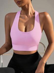 Yefecy Basic Solid Color Ribbed Knit Yoga Sports Bra, Shockproof Gather Wireless Women Sports Bra, Women Sportswear Spring - Coral Pink - View 3