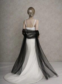 1pc Black Minimalist Chiffon Flowy Ultra-Long Trailing Shawl, Multi-Wear Fashion Wedding Bridal Shrug/Capelet - Black - View 4