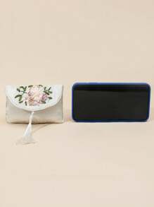 XD 1pc Mini Women's Embroidered Wallet, Vintage Zipper Clutch Purse, Large Capacity Floral Embroidery Colorful, Size (11x5cm) Portable Jewelry Storage Bag, Hibiscus Vintage Embroidered Satin With Tassel - Washable Nylon Fashion Accessory Women Wallet Mini Coin Purse - Multicolor - View 7