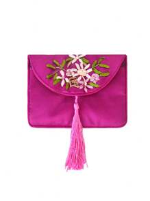 XD 1pc Mini Women's Embroidered Wallet, Vintage Zipper Clutch Purse, Large Capacity Floral Embroidery Colorful, Size (11x5cm) Portable Jewelry Storage Bag, Hibiscus Vintage Embroidered Satin With Tassel - Washable Nylon Fashion Accessory Women Wallet Mini Coin Purse - Multicolor - View 9