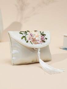 XD 1pc Mini Women's Embroidered Wallet, Vintage Zipper Clutch Purse, Large Capacity Floral Embroidery Colorful, Size (11x5cm) Portable Jewelry Storage Bag, Hibiscus Vintage Embroidered Satin With Tassel - Washable Nylon Fashion Accessory Women Wallet Mini Coin Purse - Multicolor - View 2