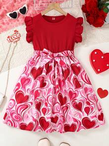 Purechapter Valentine's Day Spring/Summer 1pc Teenage Girls' Red Sleeveless Ruffle Cuff Top Patchwork Fluid Heart Full Print Dress With Belt - Red - View 1