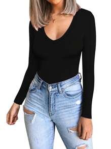 OUTBALL Womens Causal Deep V Neck Long Sleeve Shirts Modal Slim Fit Basic Tee Tops - 黑色 - 查看 4