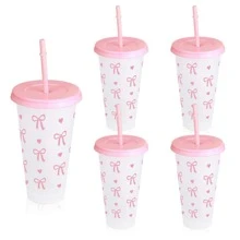 5/10pcs Pink And Red Ribbon Bow & Heart Plastic Tumblers With Straws And Lids, Ribbon Bow Flat Bottomed Cup, Pink Plastic Cup, Coffee Mug, Reusable, Suitable For Cold Drinks, Home, Office, Decoration, Party Gifts, Daily Use, Weddings, Commemoration Day, Afternoon Tea, Valentine's Day, Birthday, Parties, Water Bottle Back To School