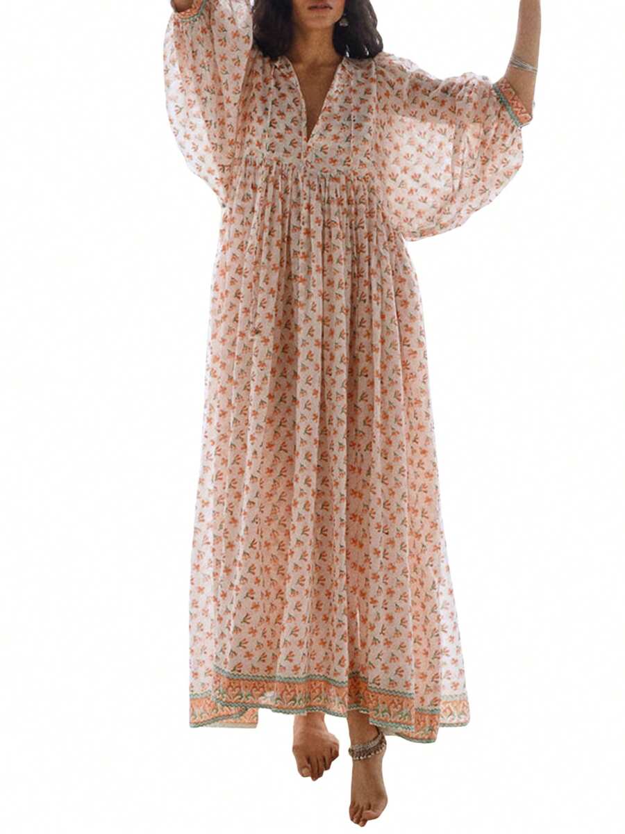 Women's Summer Boho Maxi Dresses Deep V Neck 3/4 Puff Sleeve Floral Dress Casual Loose Flowy A Line Dress Streetwear - Màu be - Xem 1