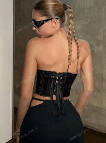 Apperloth A Valentine's Day Mesh Rose Floral Embroidery Backless See Through Bandana Hem Boned Corset Bodyshaper Crop Tube Top Sexy Music Festival