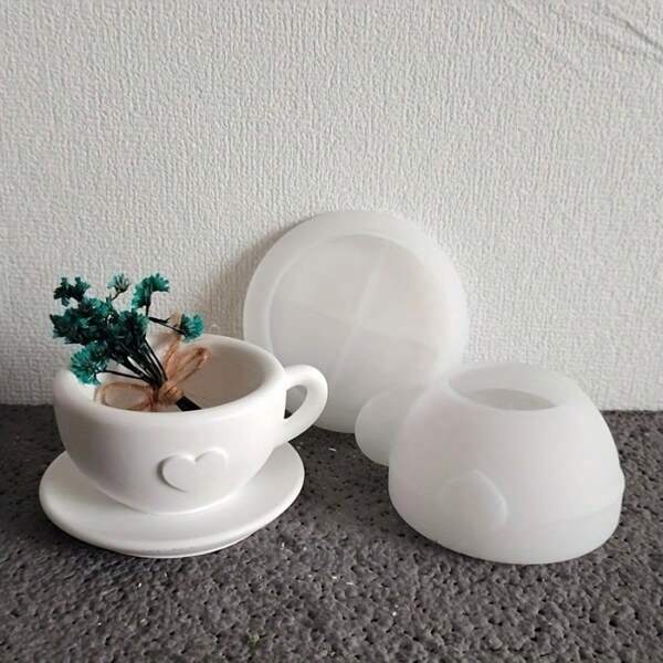 2pcs Cup & Saucer Shaped Silicone Molds, DIY Plaster, Cement, Candle Molds