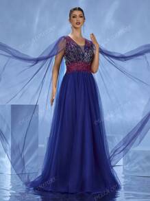 DELLA COUTURE Robe de soirée en maille bleu marine avec des manches longues et volantes pour un look élégant et modeste. Décorations perlées pour ajouter du charme. Encolure en V sexy et exquise. Met en valeur la silhouette féminine. Convient aux soirées, dîners, mariages et autres occasions formelles. Peut également être portée comme tenue de plage pour les vacances au bord de . Grande robe de cocktail longue et ample pour répondre aux besoins des invités au bal de promo, robe de fête