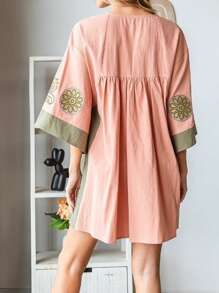 Vestido corto de verano para mujer con estampado floral, mangas cortas, escote en V y corte holgado, ideal para la playa. - Naranja - Ver 6