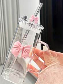 1pc (350ml/11.83oz) Square Bow Tied Glass Cup With Handle, Clear Handle Pumpkin Cup, Classic Mug, Tea Cup, Juice Cup, Coffee Cup, Milk Cup, Water Cup, Fruit Cup, Soup Cup, Suitable For Kitchen, Dining Room, Party, Halloween, Outdoor Party