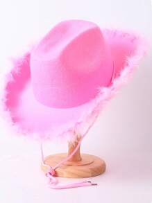 Fluffy Feather Brim Cowboy Cowgirl Hat With Feathers For Women And Men - 粉色 - 查看 3