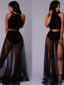 Women Sheer Mesh Skirt Sexy Solid Color High Waist Floor Length Split Long Maxi Skirt - Black - View 1