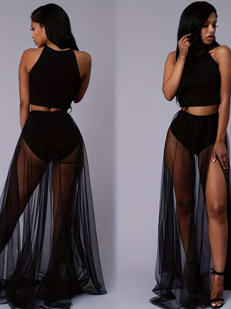Women Sheer Mesh Skirt Sexy Solid Color High Waist Floor Length Split Long Maxi Skirt - Black - View 1