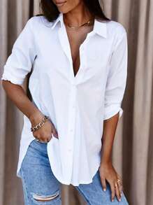 Camicia casual allentata di colore unito con bottoni da donna