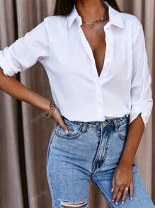 Camicia casual allentata di colore unito con bottoni da donna