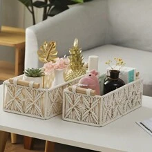 1 pezzo / 2 pezzi Cesti portaoggetti stile bohémien, scatole decorative, contenitori intrecciati fatti a mano, organizer per ripiani, bagno, armadi, camera da letto, soggiorno, colore avorio