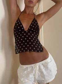 Womens Sexy Backless Halter Cami Tank Top With Scarf Sets Y2k Polka Dot Print Spaghetti Strap Sleeveless Deep V Neck Tie Back Crop Camisole Tops Summer Going Out Tops Club Streetwear - màu đen - Xem 3